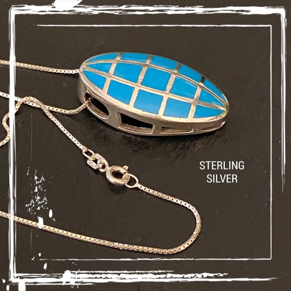 Turquoise Inlay Sterling Silver Oval Pendant Necklace - Picture 4 of 9